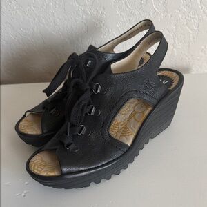 Fly London Yuta Black Wedge Sandals